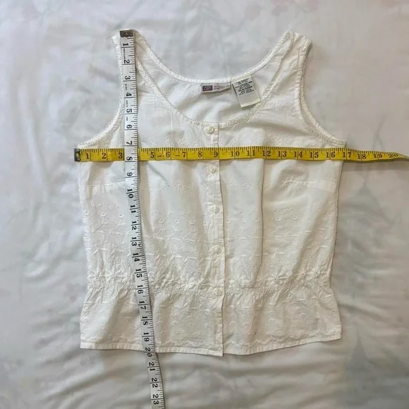 White Eyelet Peasant Button Down Sleeveless Blouse with Waist Elastic Y2K Boho - Picture 6 of 8